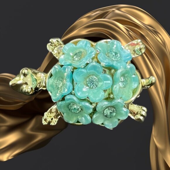 Vintage Blue Flower Gold Tone Turtle Brooch 1960s Cute Figural Pin - Picture 9 of 15